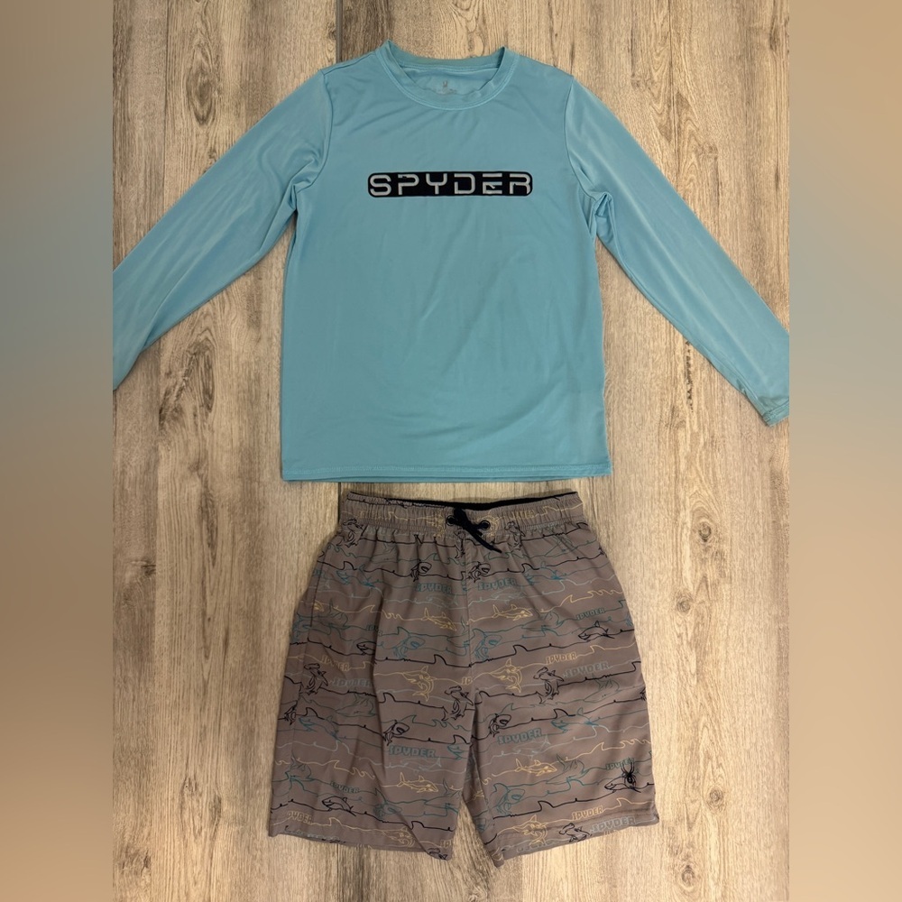 Spyder Blue Long Sleeve Swim Shirt and Shark Patterned  Bathing suit Shorts Set